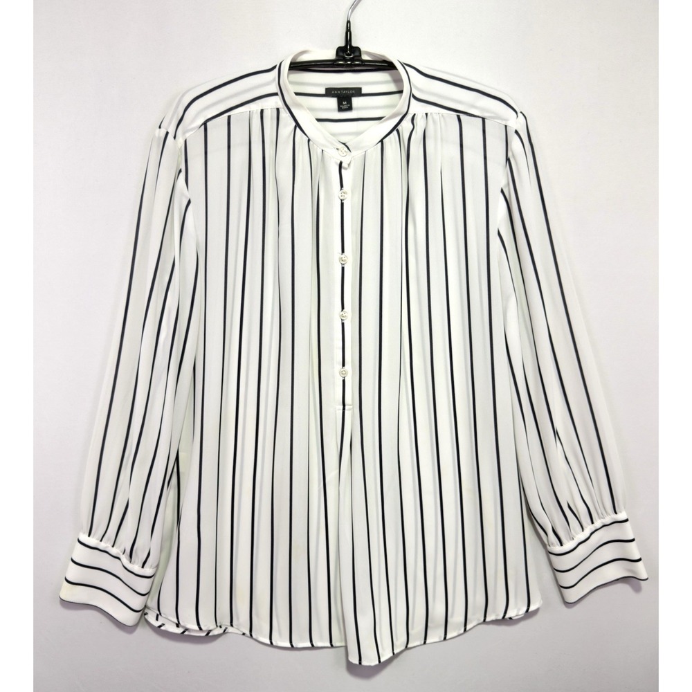 Ann Taylor Blouse Womens M Ivory Navy Stripe Long Sleeve Button Front Career Top